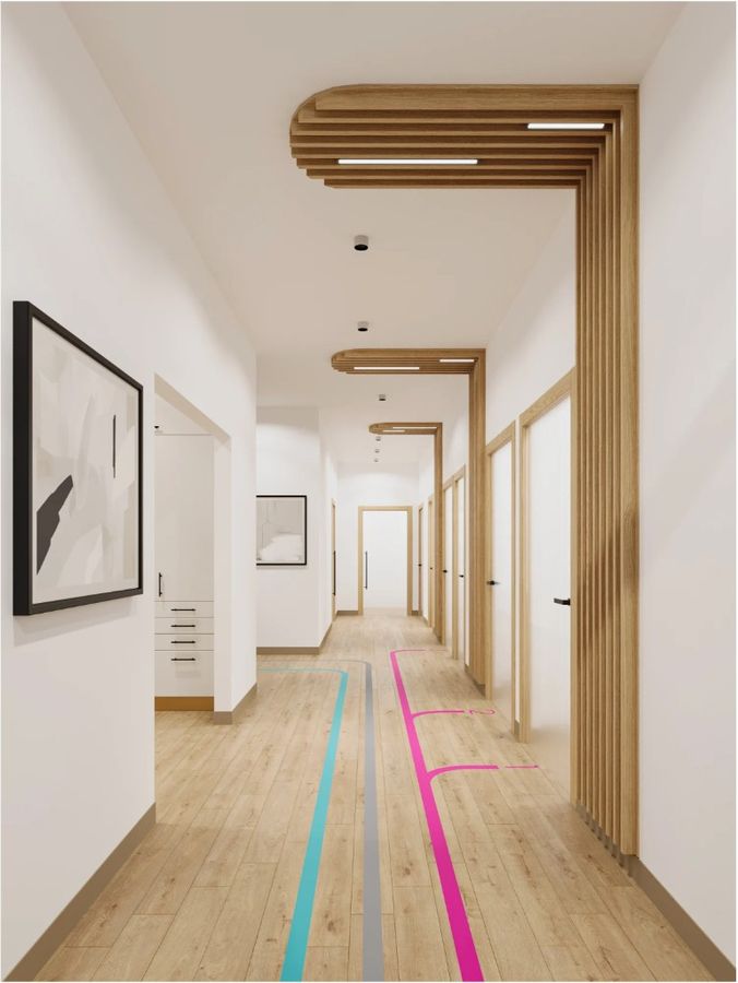 Clinic corridor with wayfinding
