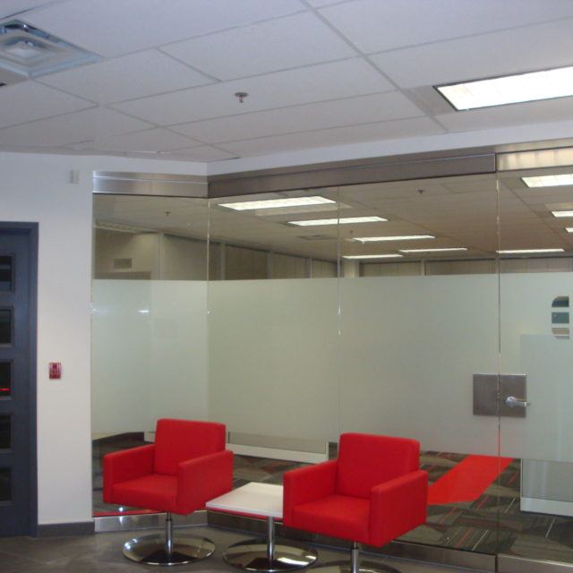 Glass-walled office lounge