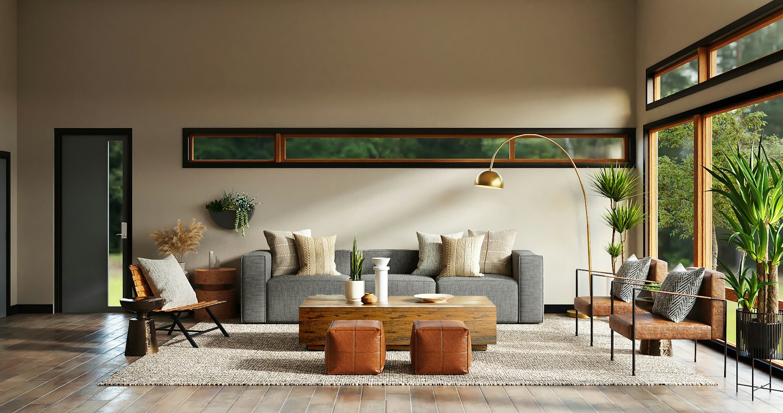 Bright living room with floor-to-ceiling windows