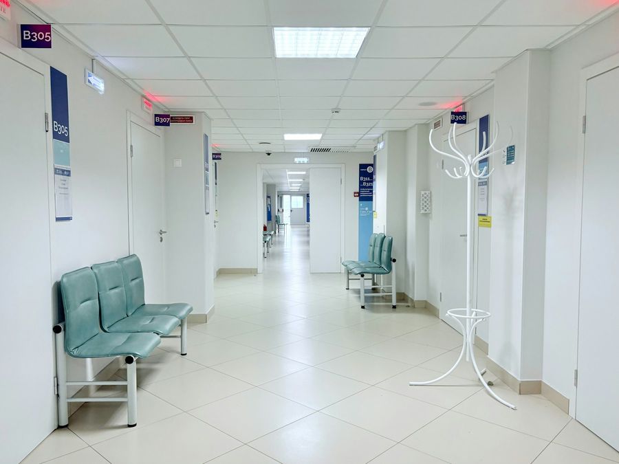 Hospital corridor with seating