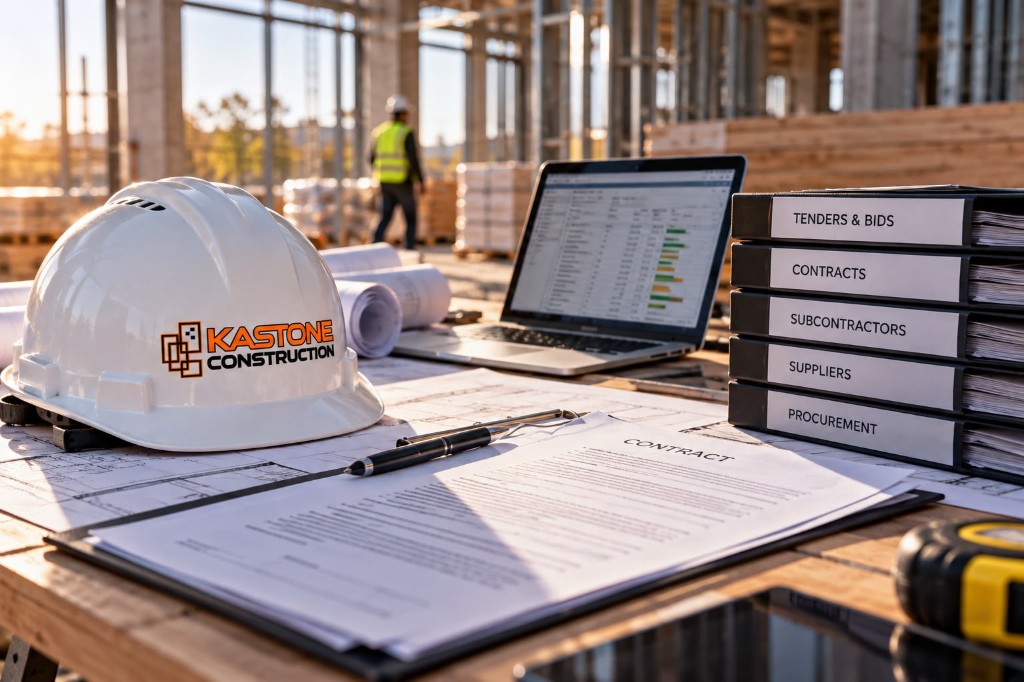 Kastone Construction site table with hard hat, contracts, and project binders