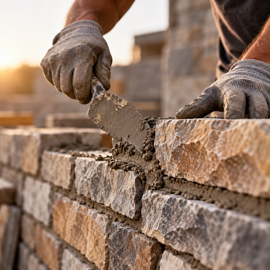 Mason applying mortar to a stone wall with a trowel